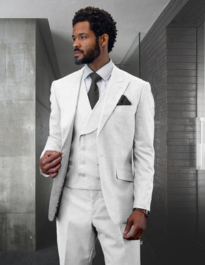 3pc 1button Peak Lapel With Shawl Collar Double Breasted Vest Super 180's Wool Suit | Rima | White