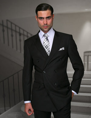 MEN'S DOUBLE BREASTED REGULAR FIT SUIT WITH PLEATED PANTS SUPER 150'S | BLACK | TZD-100