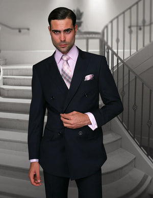 MEN'S DOUBLE BREASTED REGULAR FIT SUIT WITH PLEATED PANTS SUPER 150'S | NAVY | TZD-100