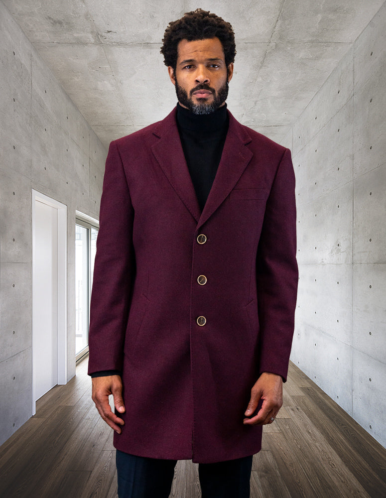 100% WOOL SINGLE BREASTED OVER COAT | BURGUNDY | WJ-100