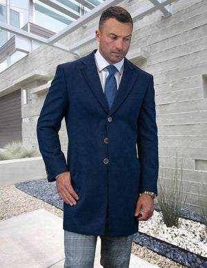 100% WOOL SINGLE BREASTED OVER COAT | NAVY | WJ-100