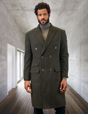 MEN'S DOUBLE BREASTED OVER COAT 100% WOOL | OLIVE | WJ-101