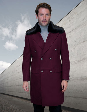MEN'S SINGLE BREASTED JACKET WITH REMOVABLE FUR WOOL AND CASHMERE | BURGUNDY | WJ-102
