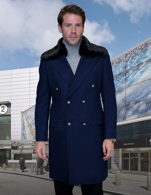 MEN'S SINGLE BREASTED JACKET WITH REMOVABLE FUR WOOL AND CASHMERE | NAVY | WJ-102